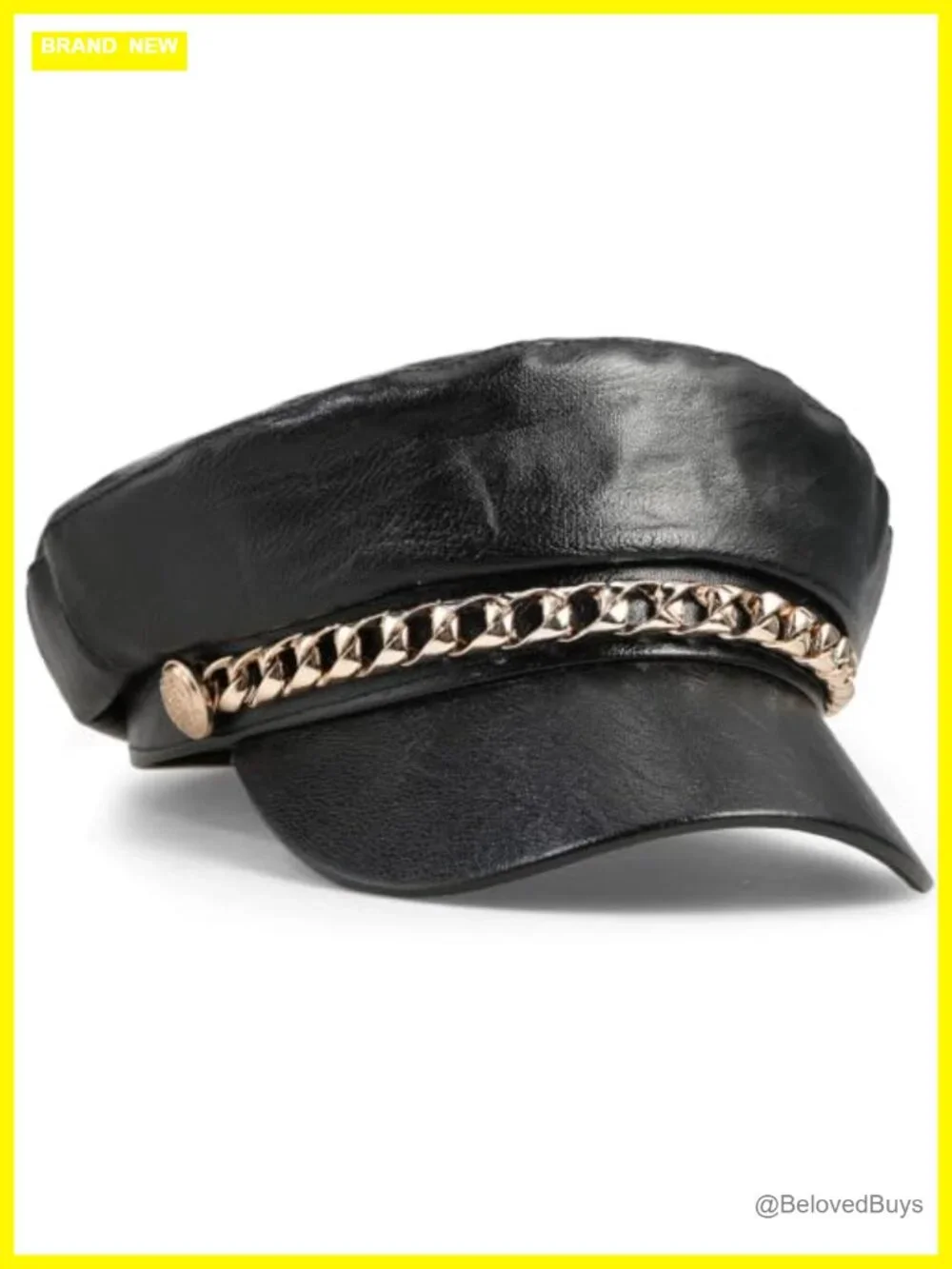 Women's Newsboy Cap PU Leather Flat Cap Classic Beret with Gold Chain